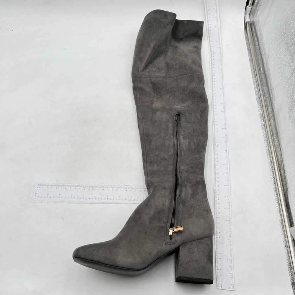 Grey Women Over The Knee High Boots Square Toe Low Chunky Heels Side Zipper Shoe